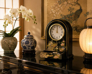 NEW Vintage 1980s Asian Black Acrylic Quartz Mantel Clock Drawer Boxed Japan